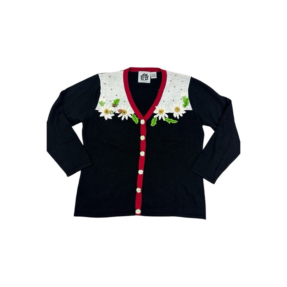 Storybook Knits Daisy Ladybug Brooch Cardigan Sweater Ramie Cotton Floral Large